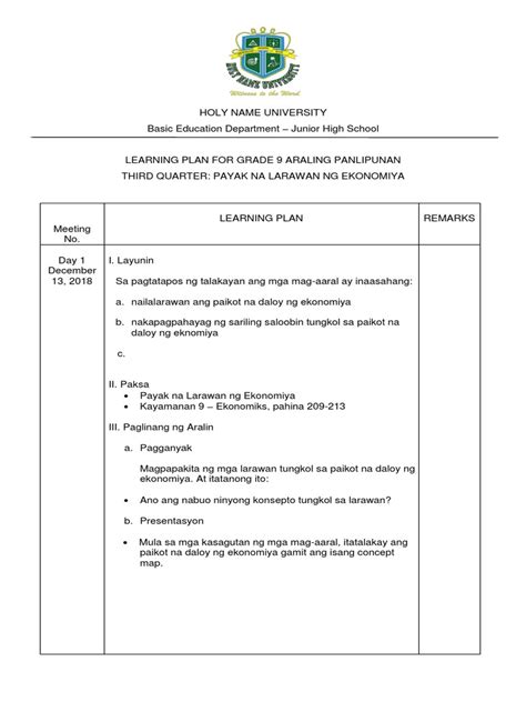 payak na larawan ng ekonomiya|Learning Plan Gr. 9 (Payak Na Larawan NG Ekonomiya) .